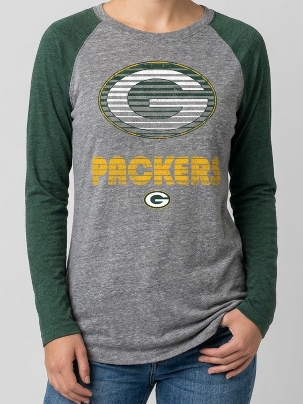 NFL Team Apparel Green Bay Packers Raglan Tee Raglan Long Sleeve Tee Gray Green